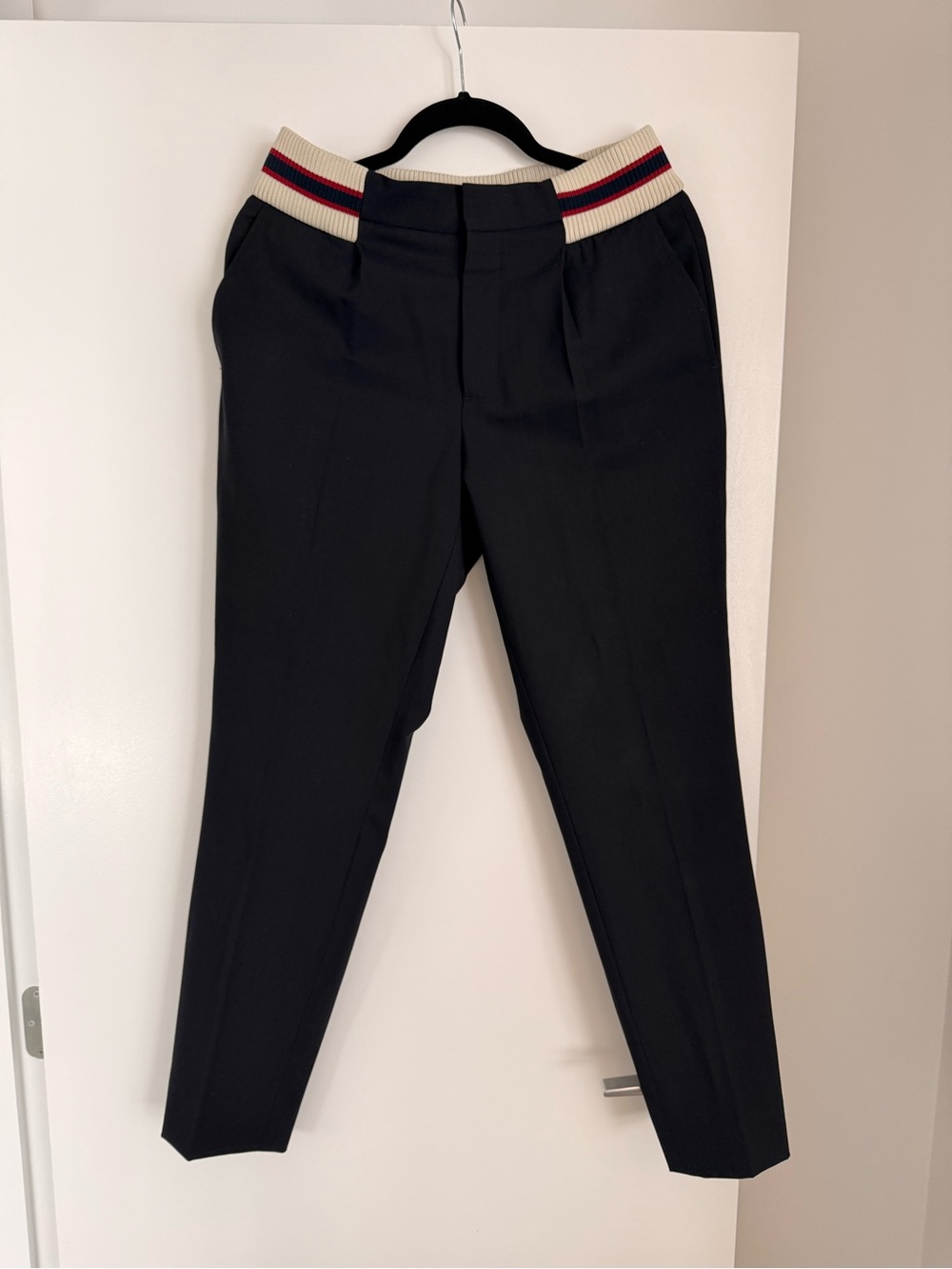 Men's Sandro Navy Tapered Pants with Contrasting Stripe Waistband